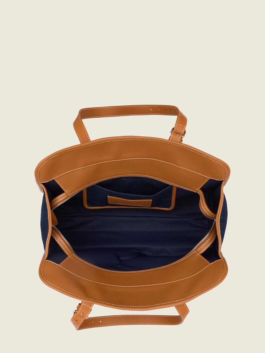 Large blue jean & leather tote bag LeCabas L Escapade - Denim Brut focus material photo