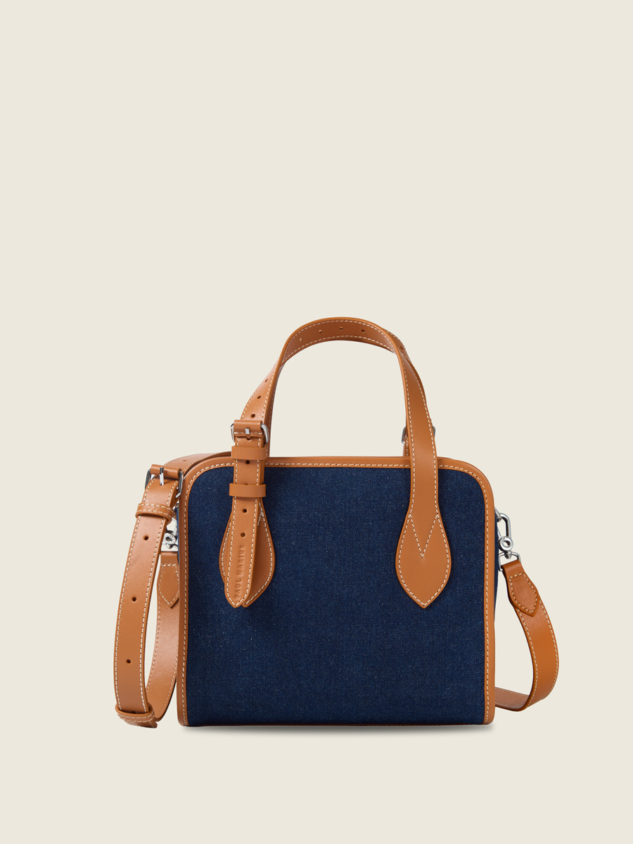 Mini blue jean & leather tote bag LeCabas S Escapade - Denim Brut front view