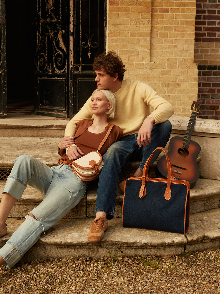 Large blue jean & leather tote bag LeCabas L Escapade - Denim Brut back view