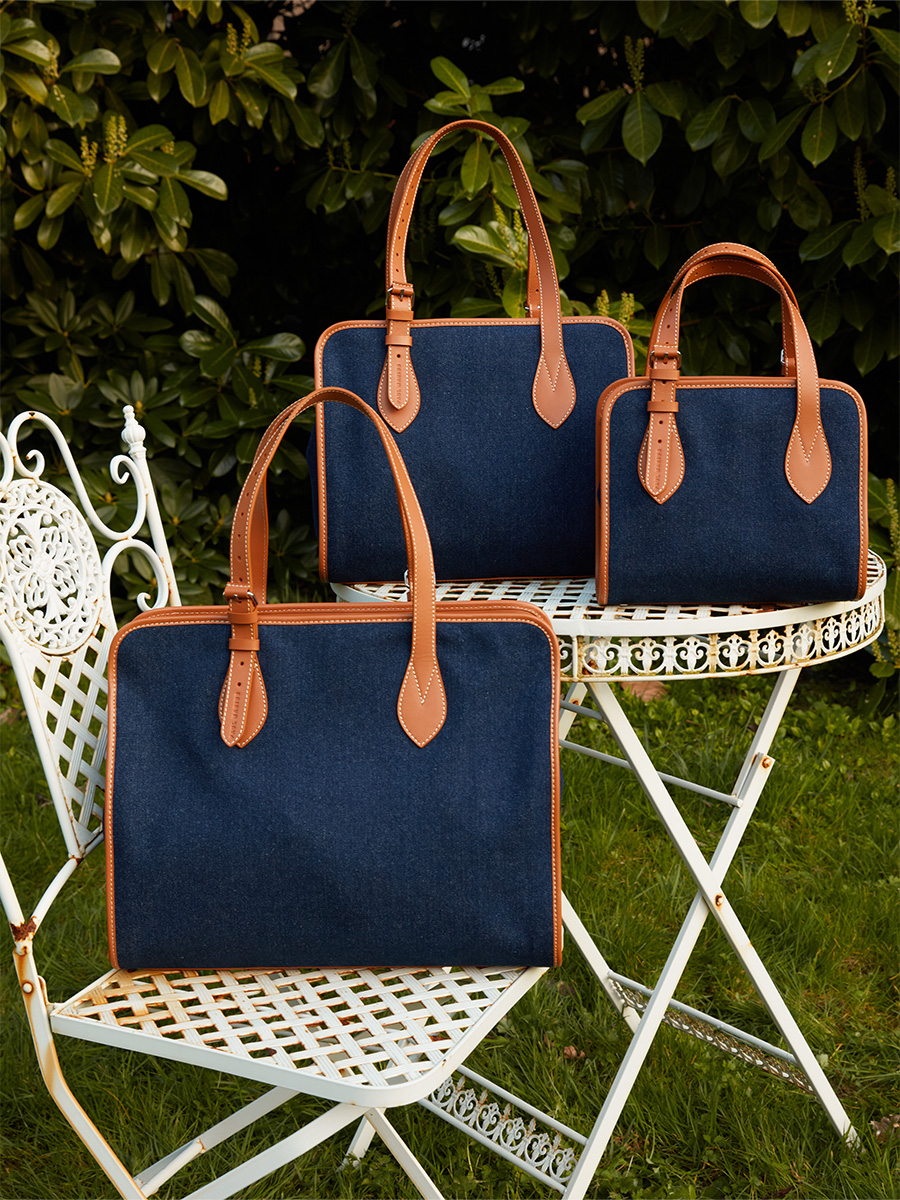 Large blue jean & leather tote bag LeCabas L Escapade - Denim Brut ambient view