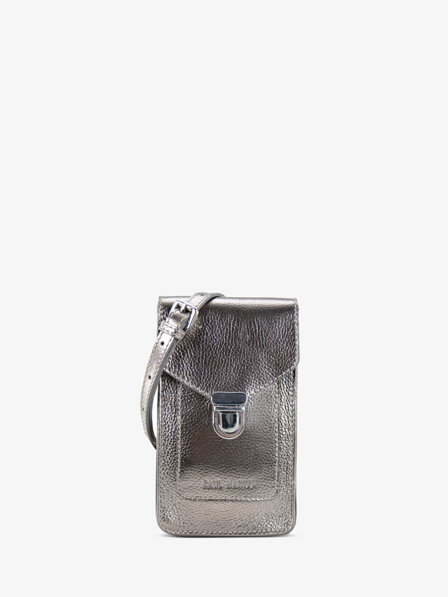silver-leather-phone-bag-leporte-telephone-steel-front-view-m88-gm