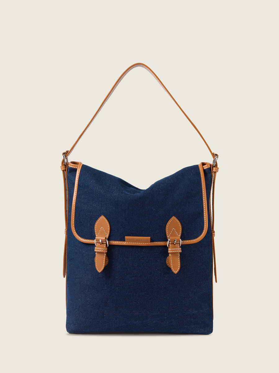 Large blue jean & leather crossbody bag Loulou L Escapade - Denim brut front view