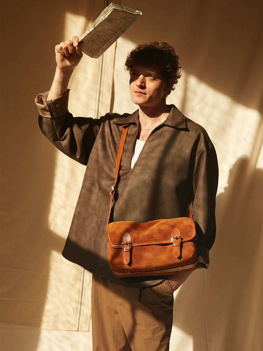 Suede leather crossbody bag Loulou  - Brick focus material photo