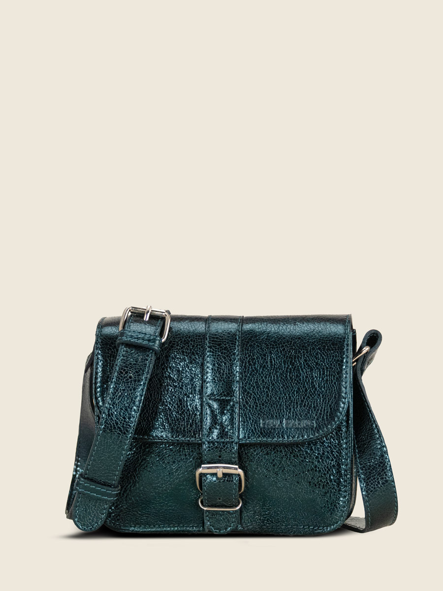 shimmering-green-leather-mini-shoulder-bag-lessentiel-minuit-front-view-m21-m-gr