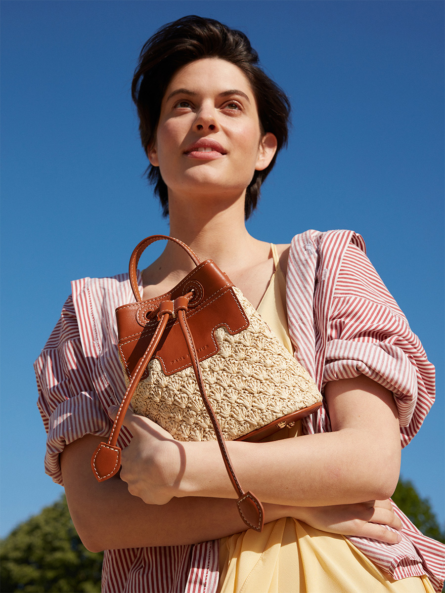 Small bucket raffia handbag Capucine XS Raphia - Natural / Cognac back view
