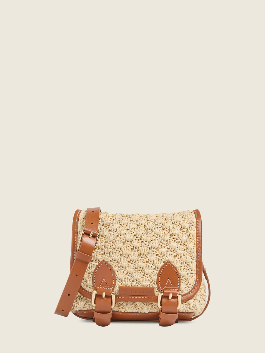 Raffia and leather mini crossbody bag Loulou S Raphia - Natural / Cognac front view