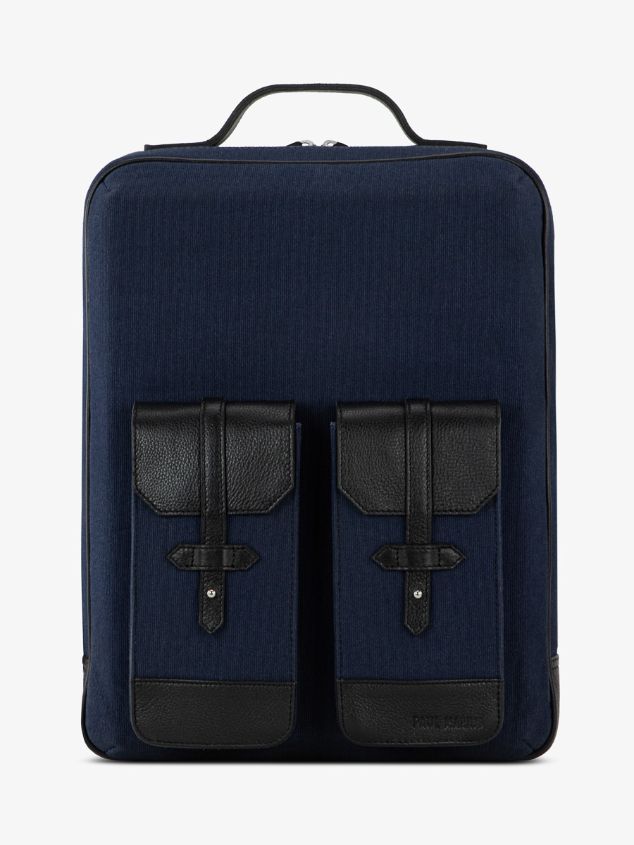leather-backpack-unisex-black-blue-side-view-picture-urbain-black-navy-blue-canvas-paul-marius-b08-obl-bluc