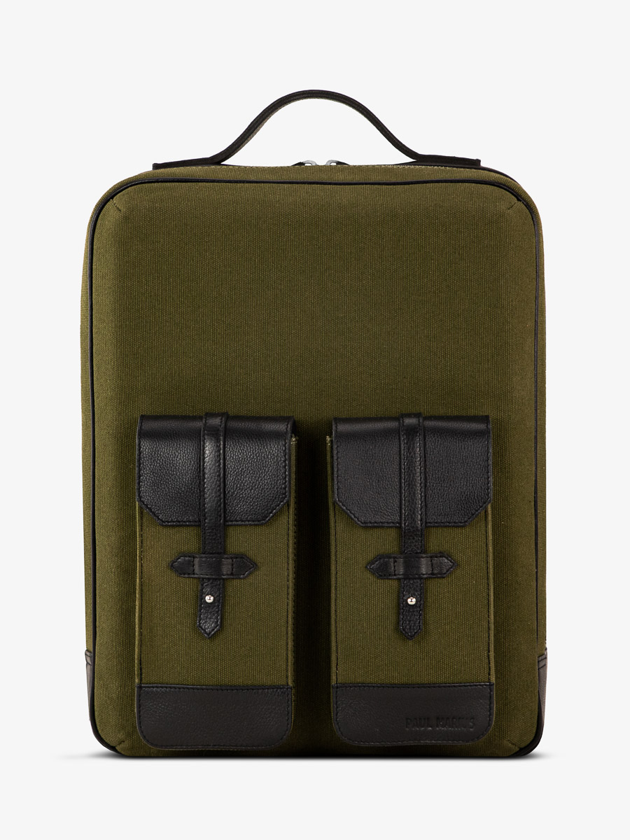 leather-backpack-unisex-black-khaki-front-view-picture-urbain-black-khaki-canvas-paul-marius-b08-obl-gc