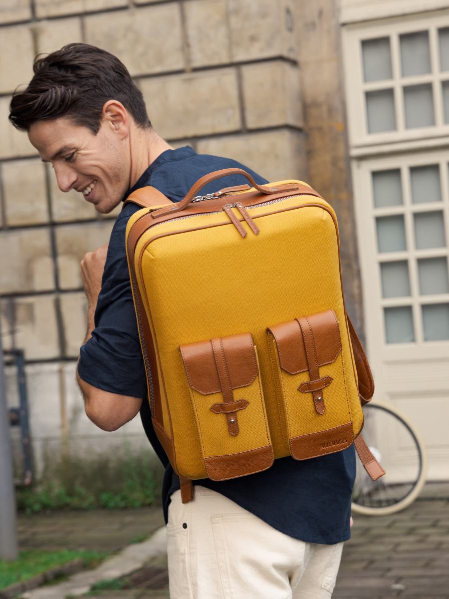leather-backpack-unisex-brown-yellow-front-view-picture-urbain-light-brown-saffron-canvas-paul-marius-b08-ol-yc