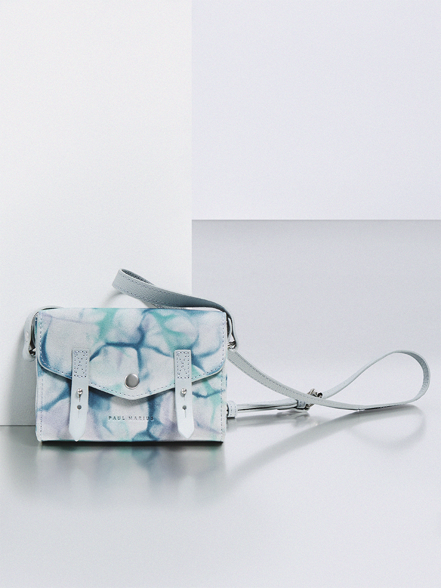 Small blue leather crossbody bag LeMini Indispensable - Tie & Dye Blue side view