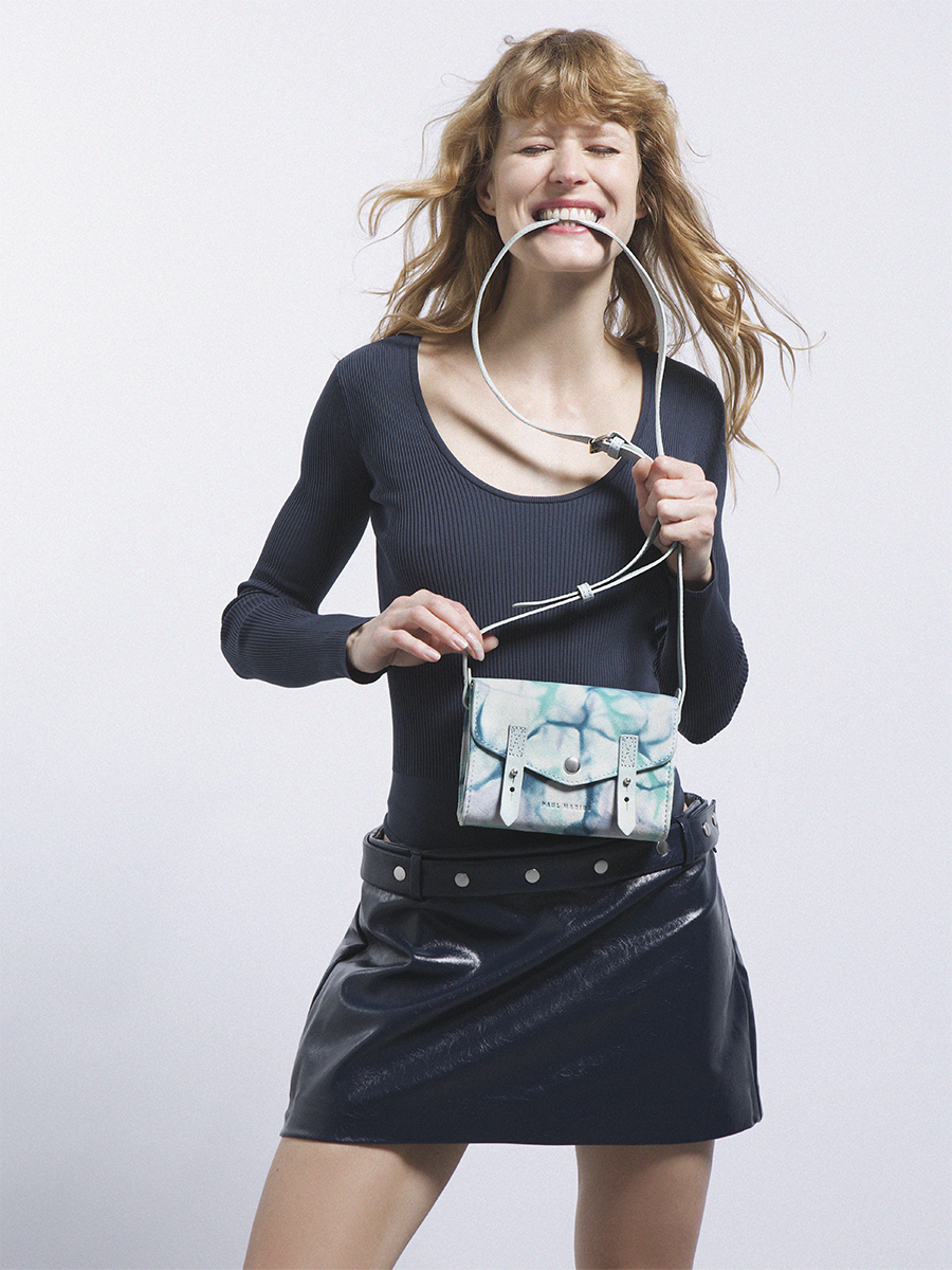 Small blue leather crossbody bag LeMini Indispensable - Tie & Dye Blue focus material photo