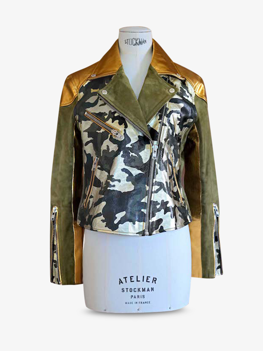 leather-women-jacket-perfecto-brown-green-front-view-picture-leperfecto-khaki-gold-canvas-camouflage-paul-marius-3760125351414