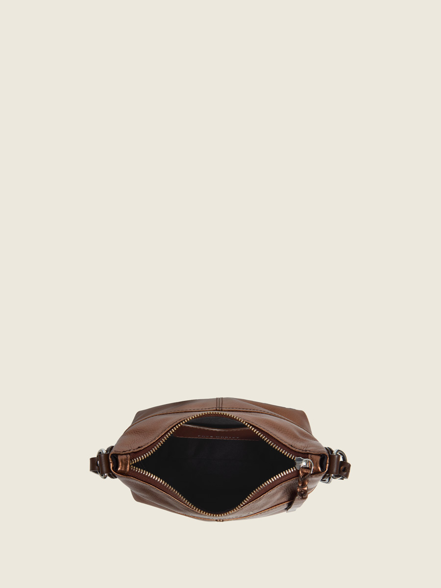 Inside view photo, small copper leather shoulder bag, PAUL MARIUS LeLoustic Copper