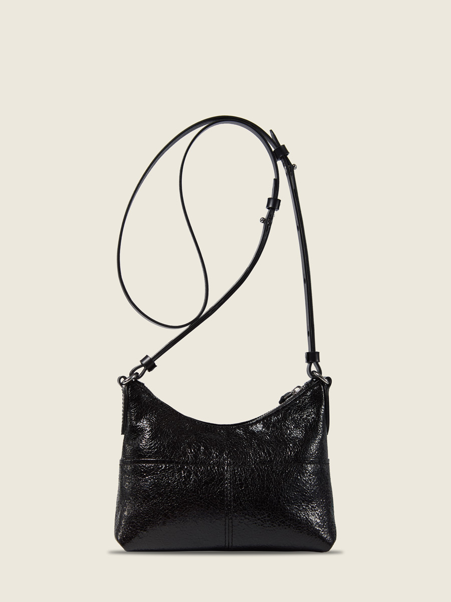 Back view photo, small metallic black leather shoulder bag, PAUL MARIUS LeLoustic Eclipse