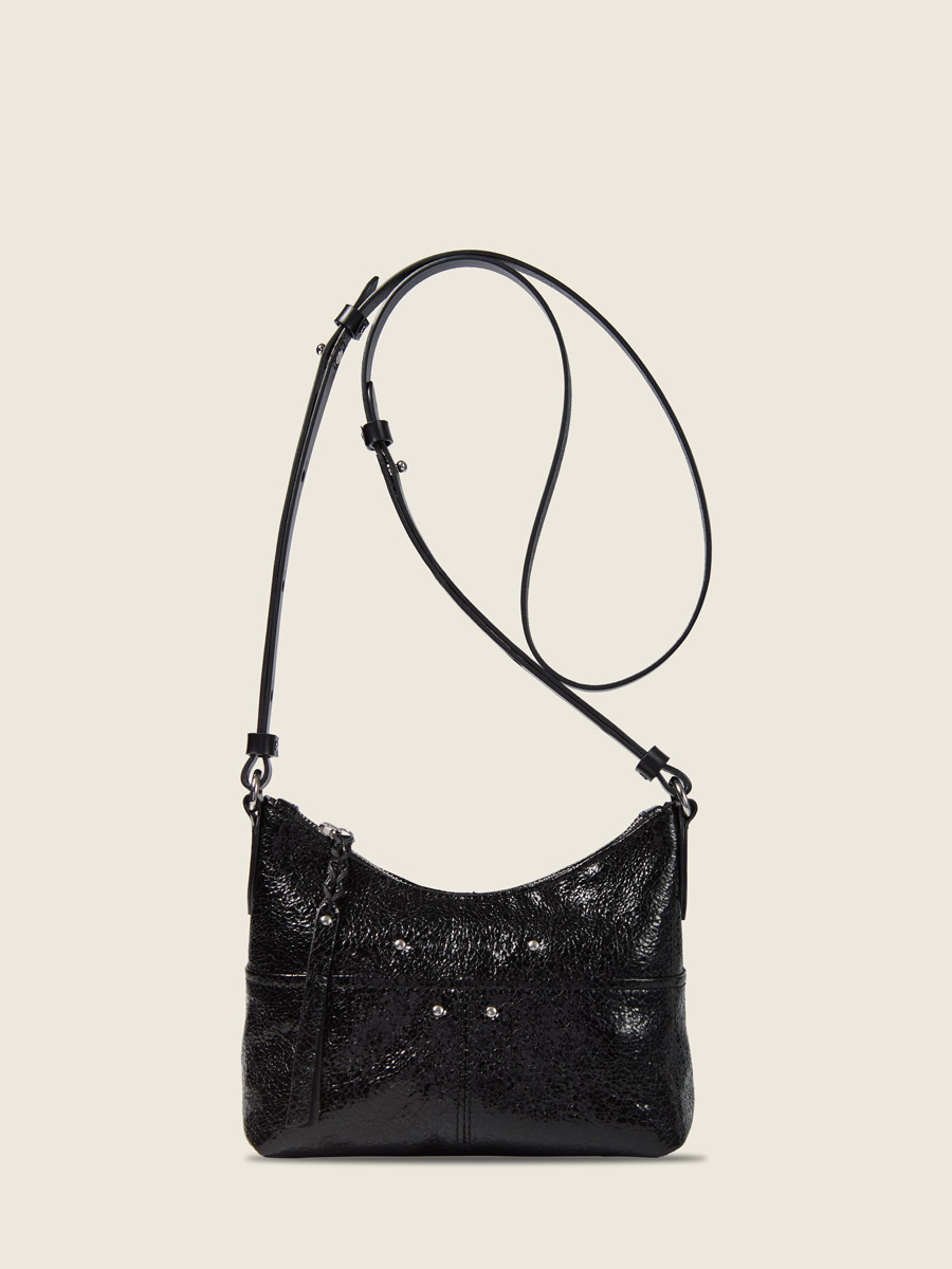 Front view photo, small metallic black leather shoulder bag, PAUL MARIUS LeLoustic Eclipse