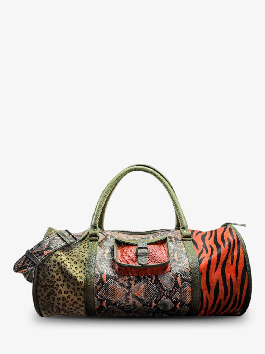 leather-travel-bag-orange-green-front-view-picture-levoyageur-xl-chimere-orange-khaki-paul-marius-3760125336930